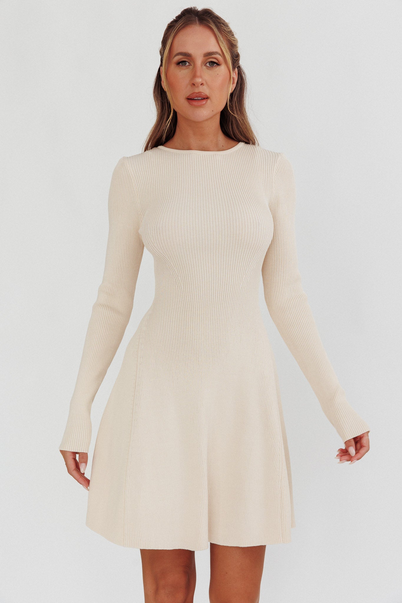 Long shops sleeve ribbed sweater dress