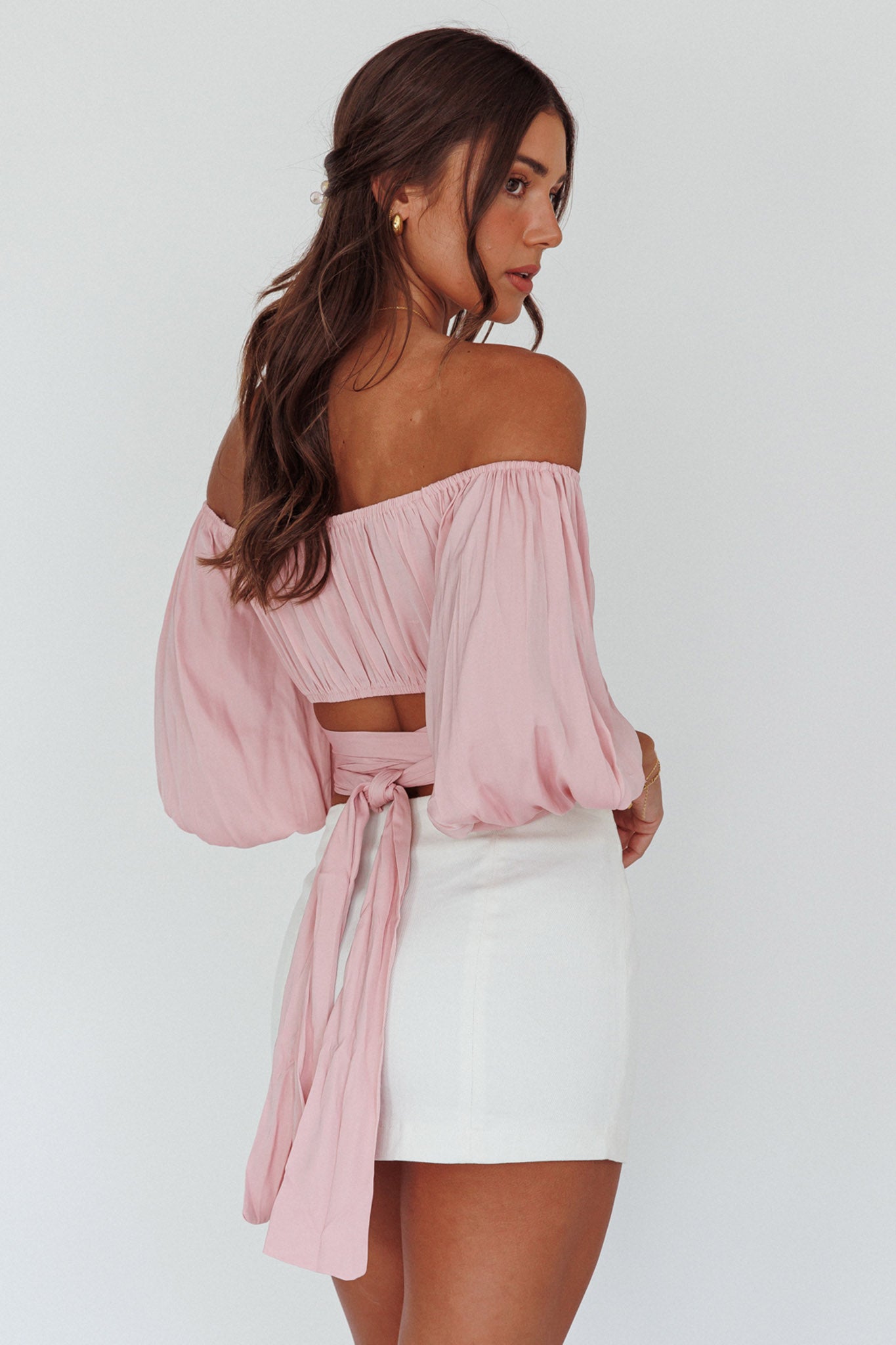 Shop The Linka Off Shoulder Half Sleeve Tie Back Crop Top Blush Selfie Leslie Australia 4435