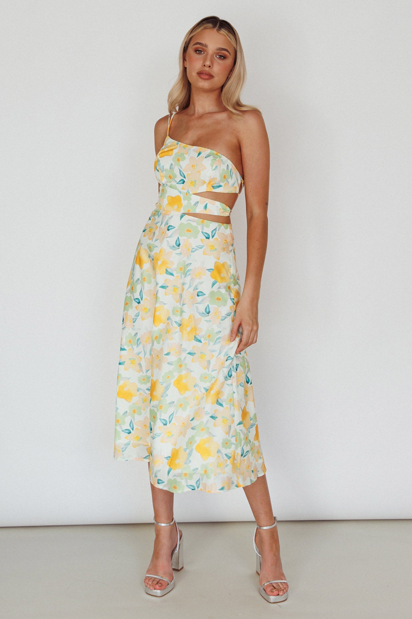 Shop the Halia One-Shoulder A-Line Midi Dress Floral Yellow | Selfie ...