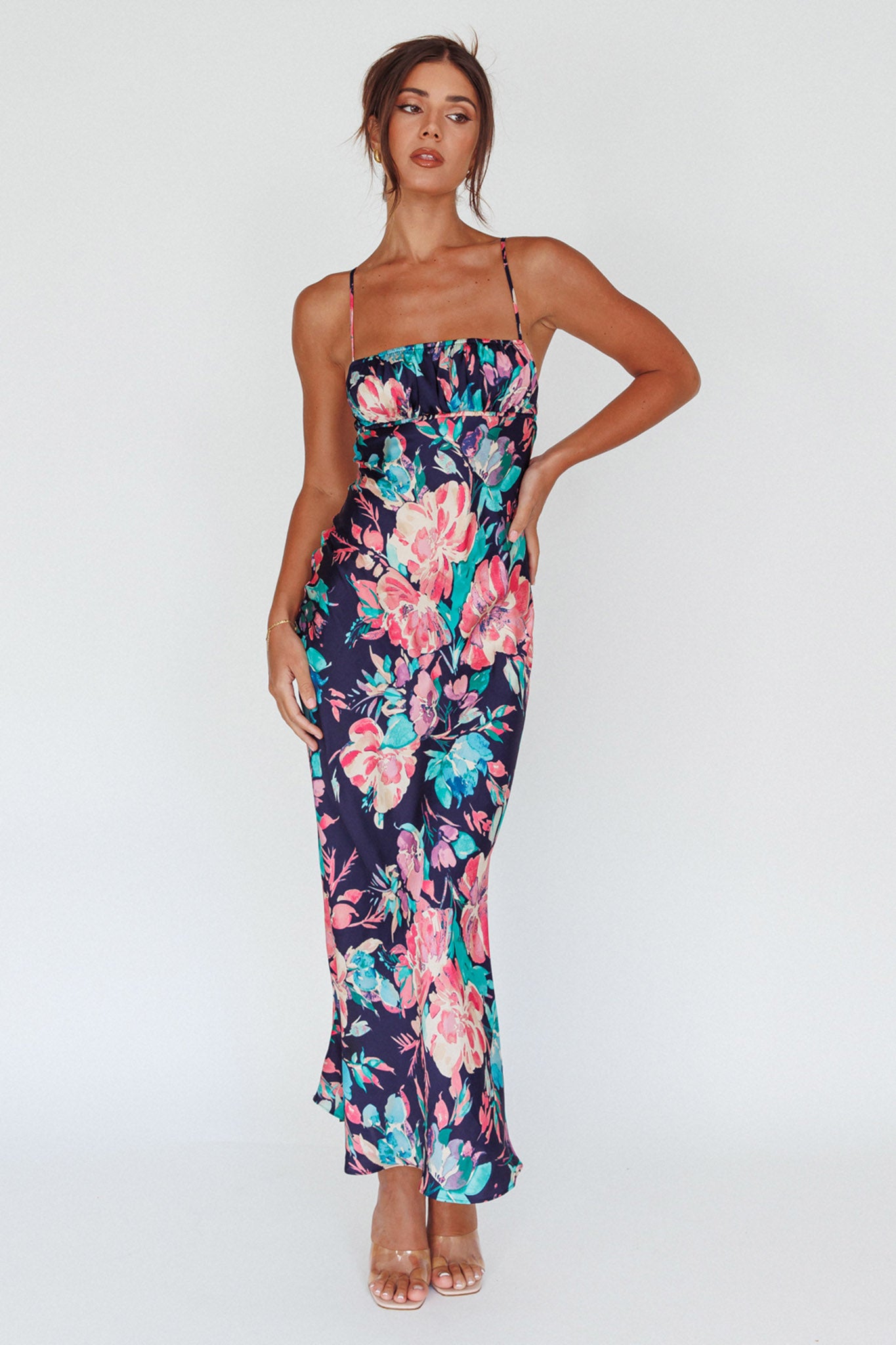 Shop the From Above V-Back Midi Dress Floral Navy | Selfie Leslie Australia