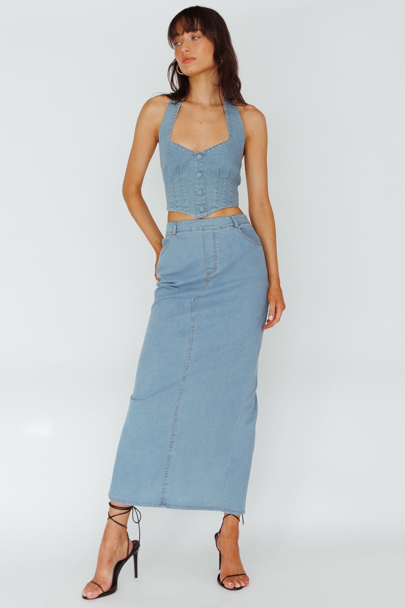 Shop the Zurich Pocket Maxi Skirt Denim Blue | Selfie Leslie Australia