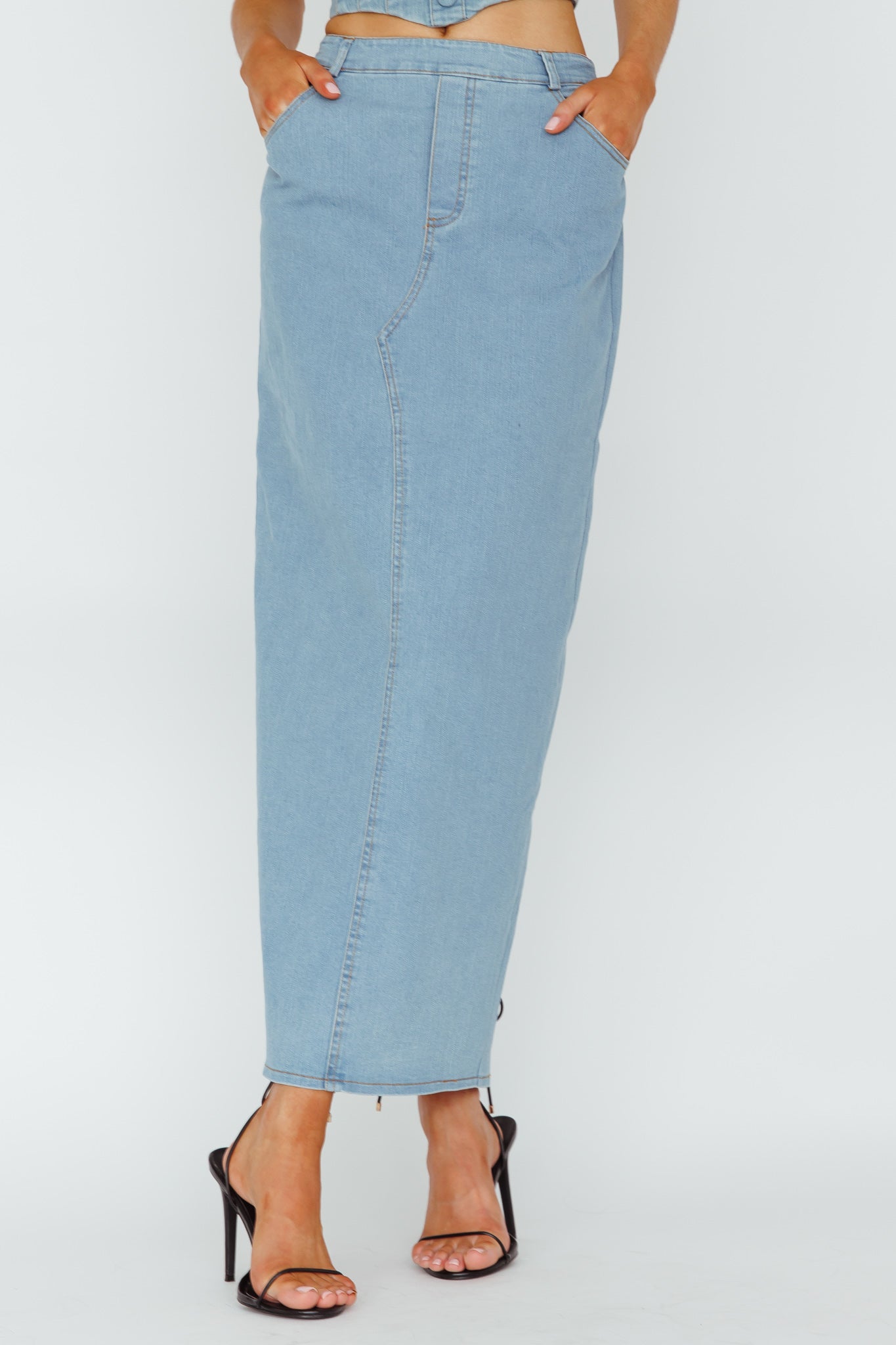 Shop the Zurich Pocket Maxi Skirt Denim Blue | Selfie Leslie Australia