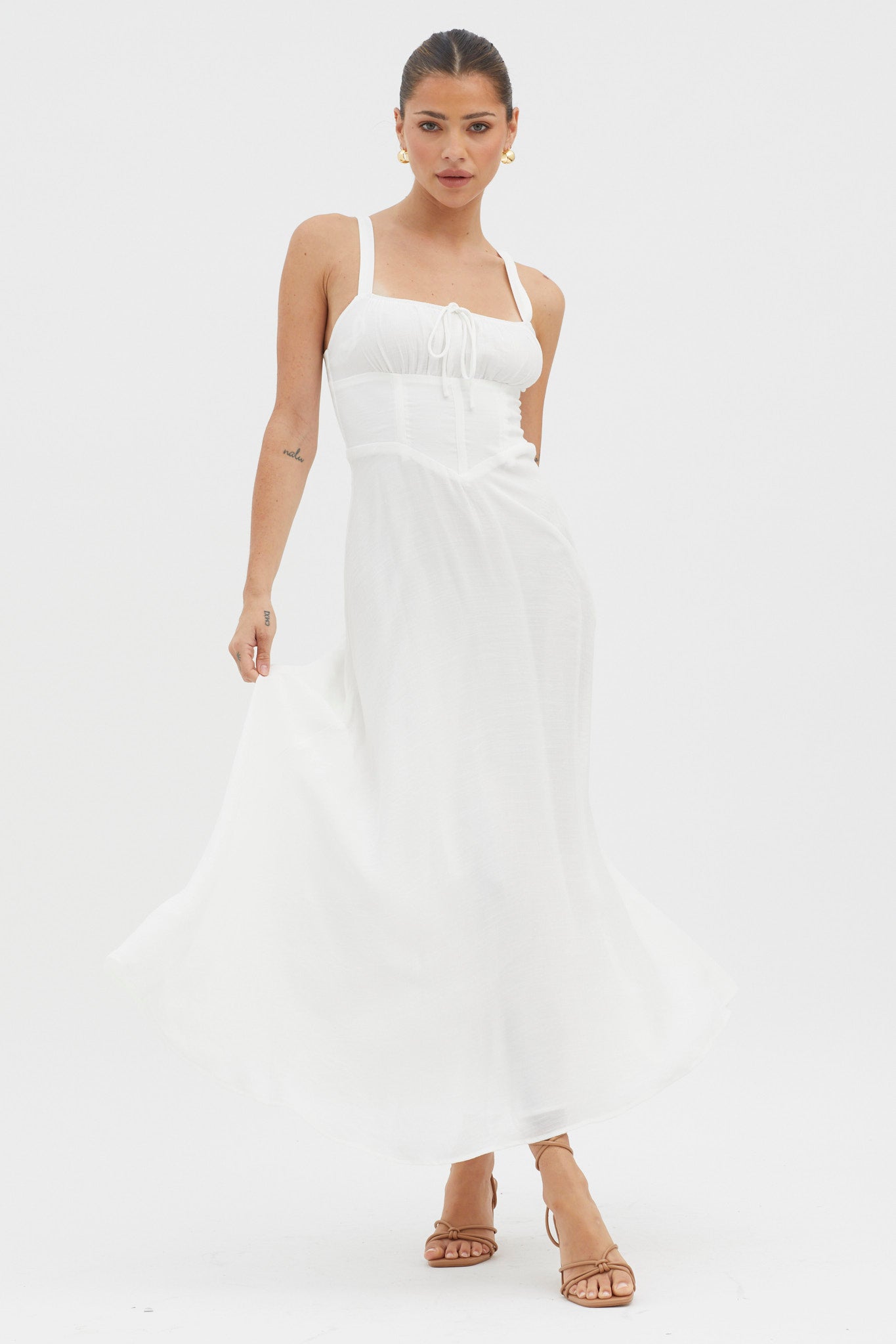 Shop the Sweet Pea Tied Bust A-Line Midi Dress White | Selfie Leslie ...