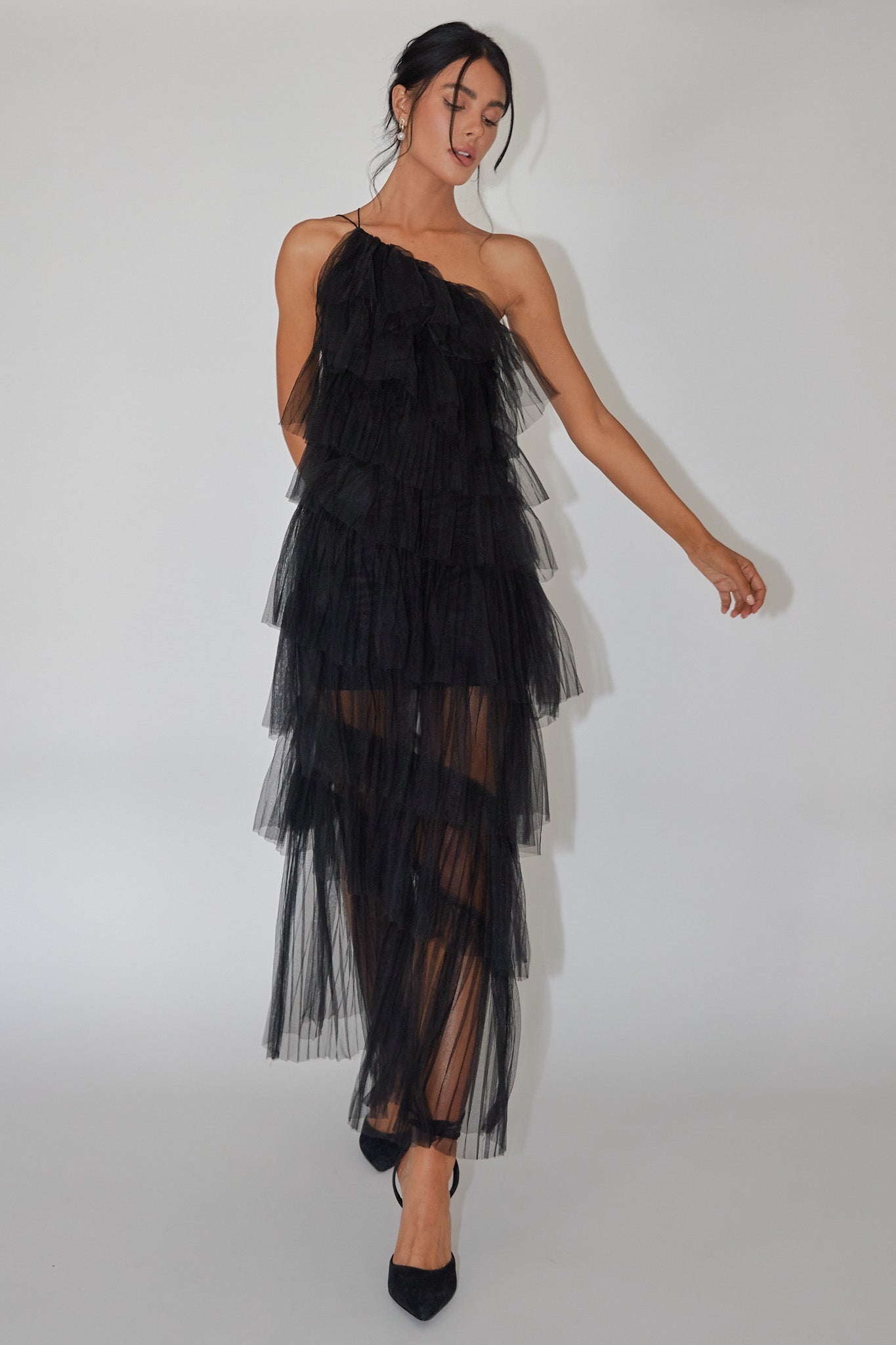 Shop the Arrabel Tiered Ruffle Tulle Maxi Dress Black | Selfie Leslie ...