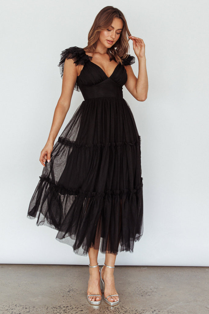 Black tulle shop midi dress