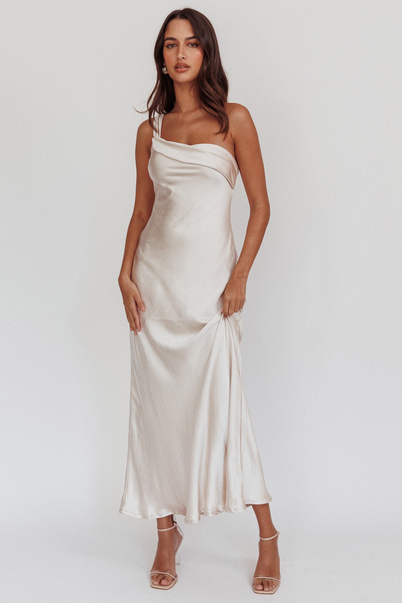 Shop the Carmel One-Shoulder Sash Maxi Dress Champagne | Selfie Leslie ...