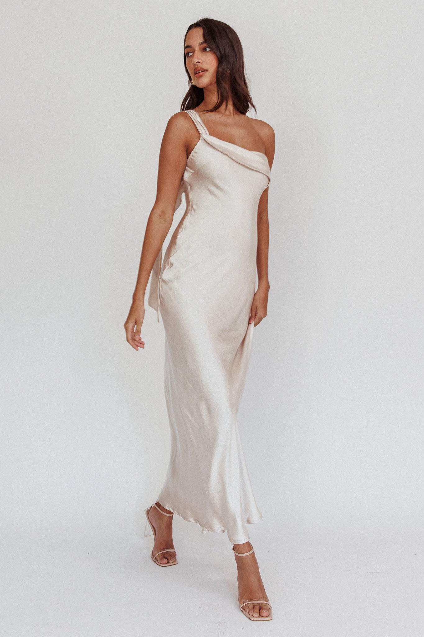 Shop the Carmel One-Shoulder Sash Maxi Dress Champagne | Selfie Leslie ...