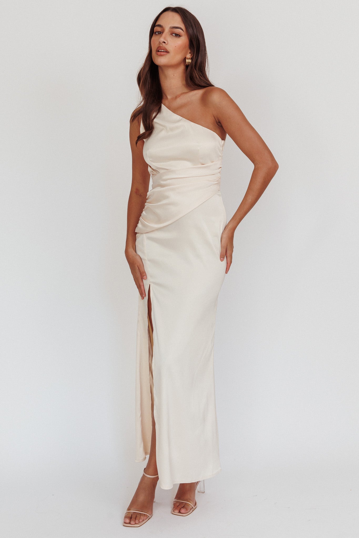 Shop the Taniesha One-Shoulder Gathered Maxi Dress Champagne | Selfie ...