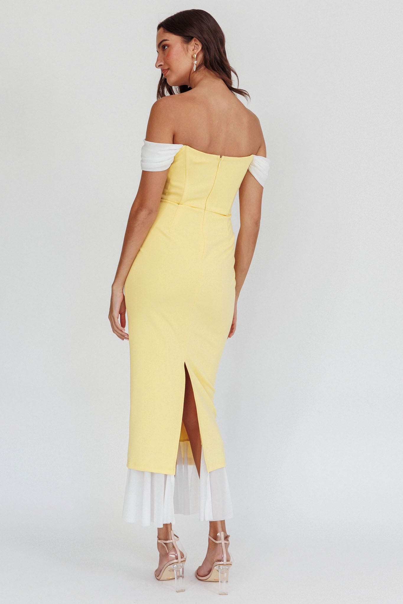Shop the Freesia Off Shoulder Bodycon Midi Dress Lemon Selfie Leslie Australia