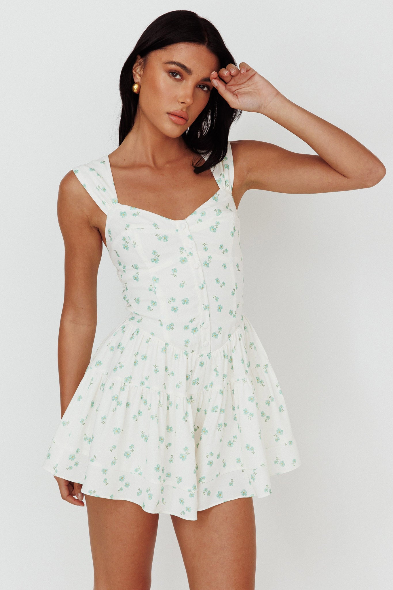 Shop the Hiding Place Button Romper Dainty Floral Sage | Selfie Leslie ...