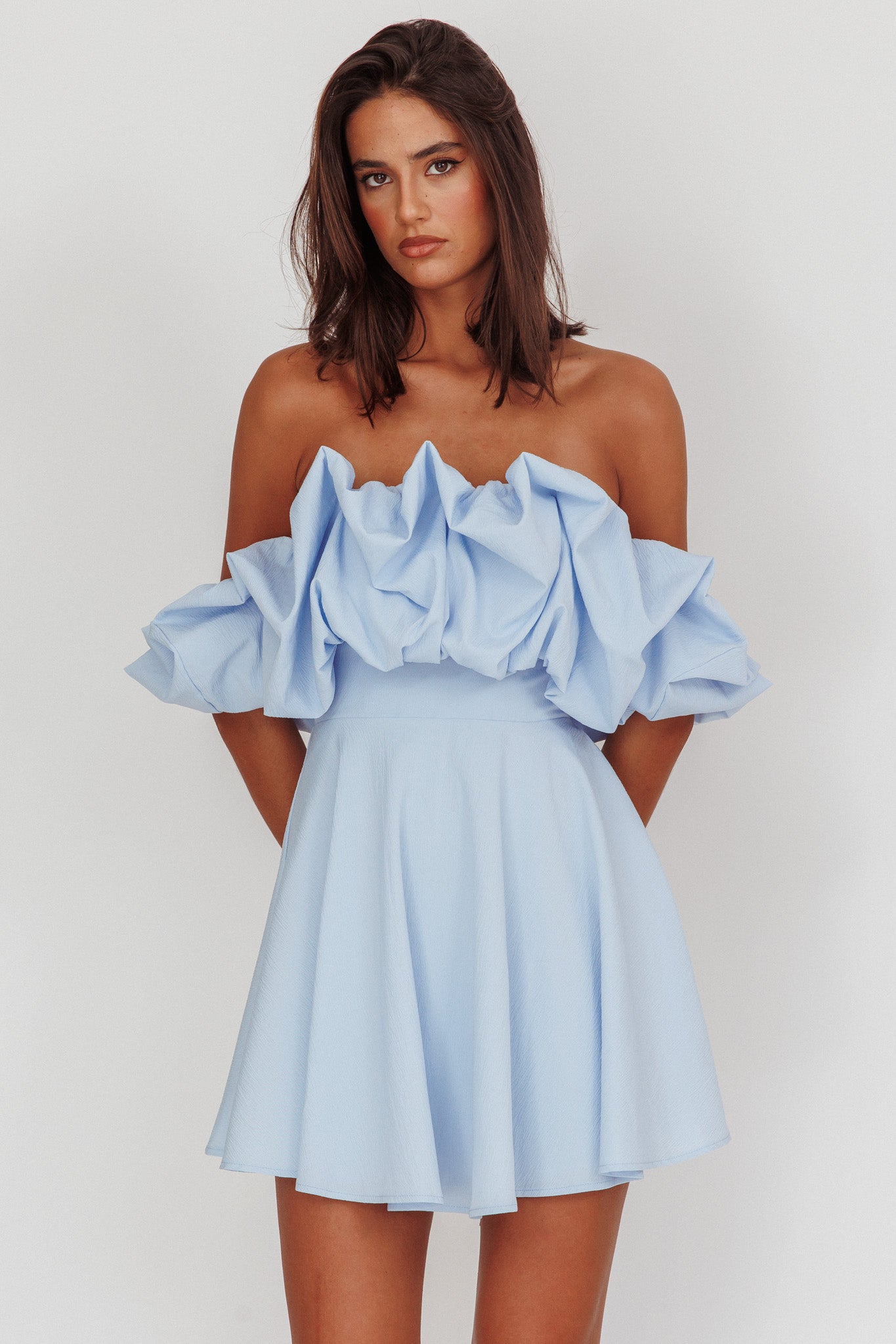 Shop the Kailynn Off Shoulder A Line Mini Dress Blue Selfie Leslie Australia