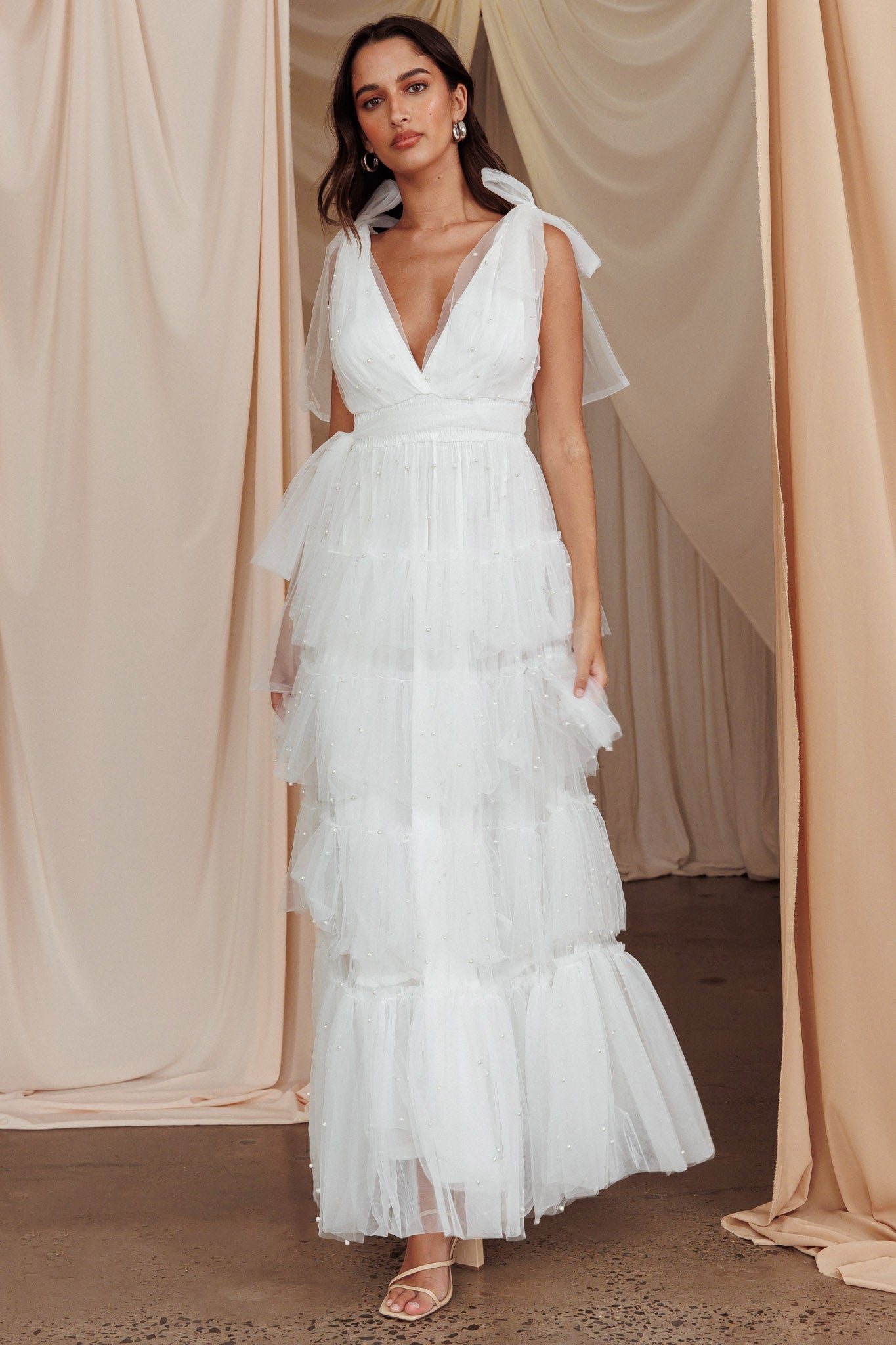 Shop the My Fair Lady Bow Shoulder Pearl Maxi Dress White Selfie Leslie Australia