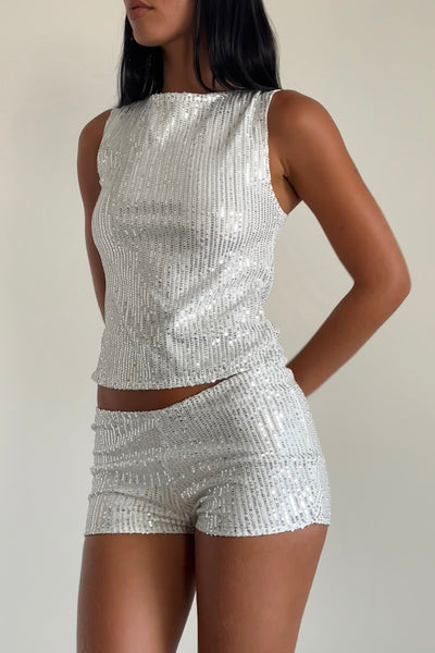 Erna Shorts Silver Chrome Sequin