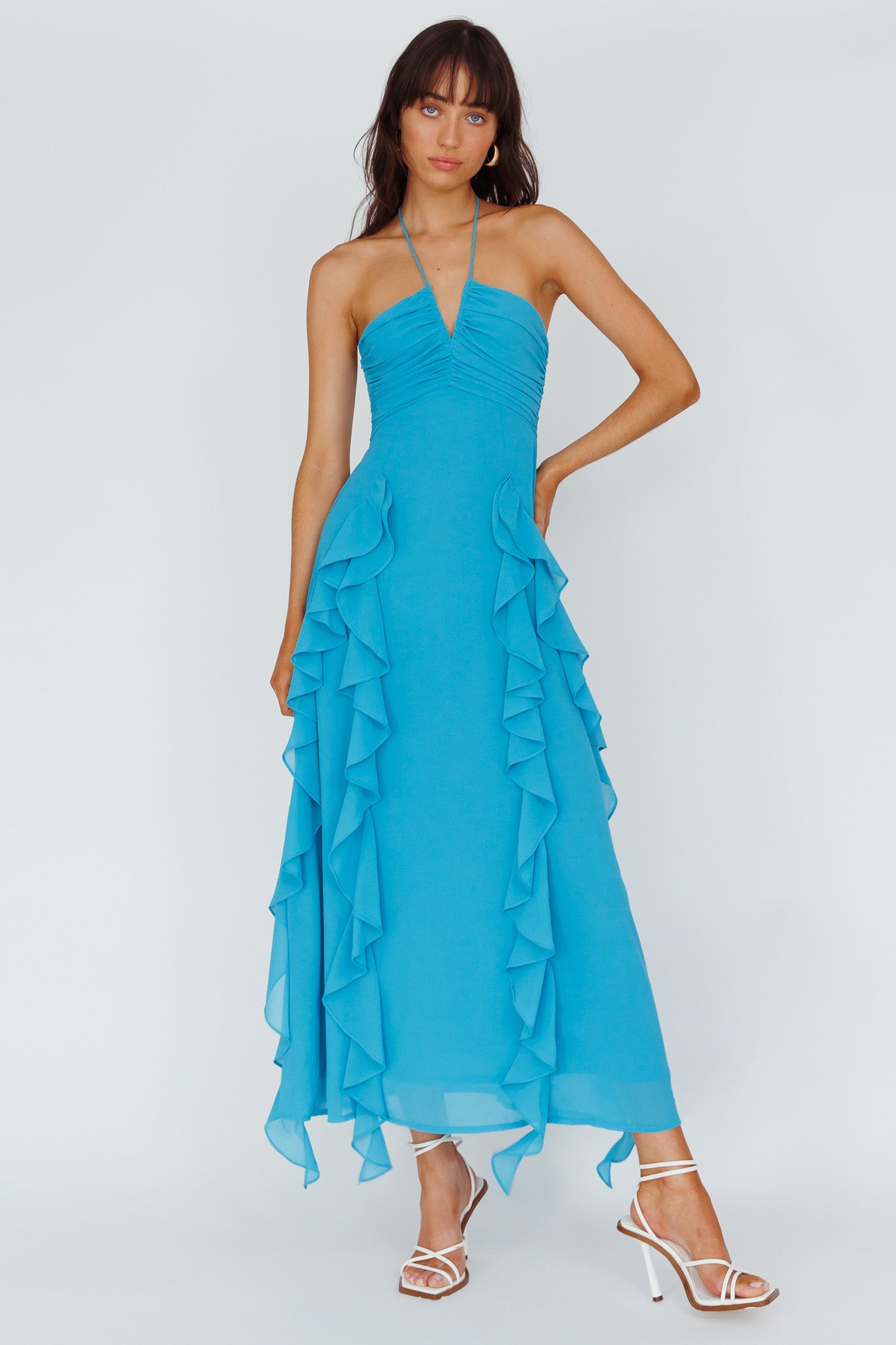 Shop the Asiah Ruffle Trim Halterneck Maxi Dress Cerulean Blue | Selfie ...