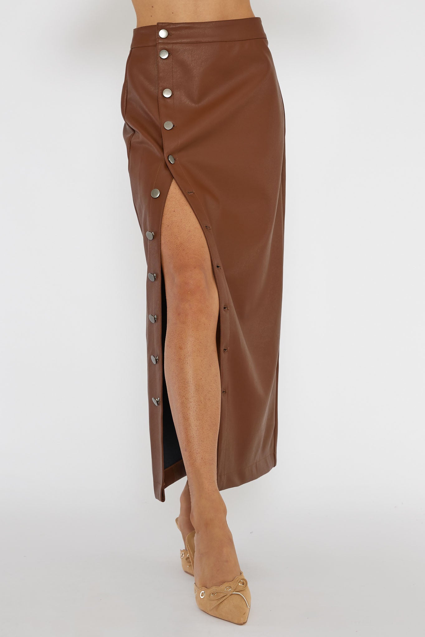 Shop The Angelica Button Up Faux Leather Midi Skirt Brown Selfie Leslie Australia 1886