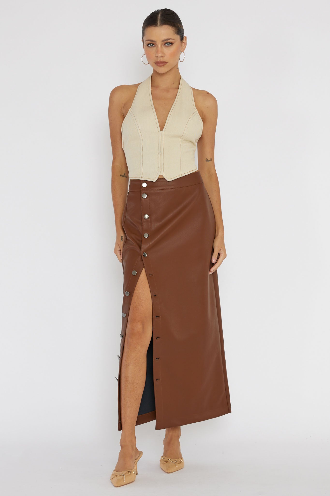 Shop the Angelica Button Up Faux Leather Midi Skirt Brown Selfie Leslie Australia