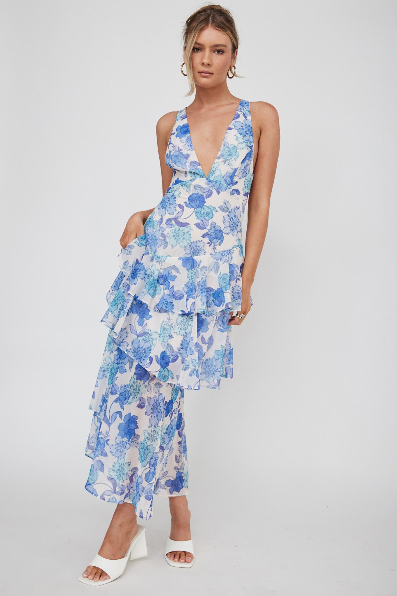 Veda Strappy Back Ruffle Midi Dress Floral Blue  Floral midi dress, Ruffle  midi dress, Blue floral midi dress