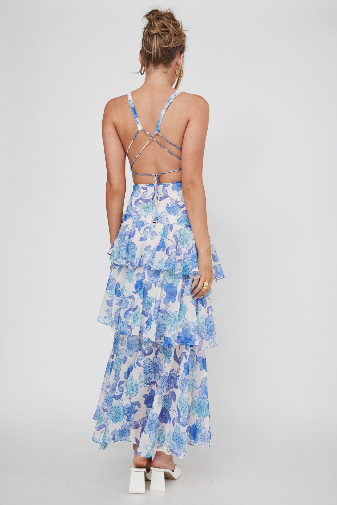 Shop the Veda Strappy Back Ruffle Midi Dress Floral Blue