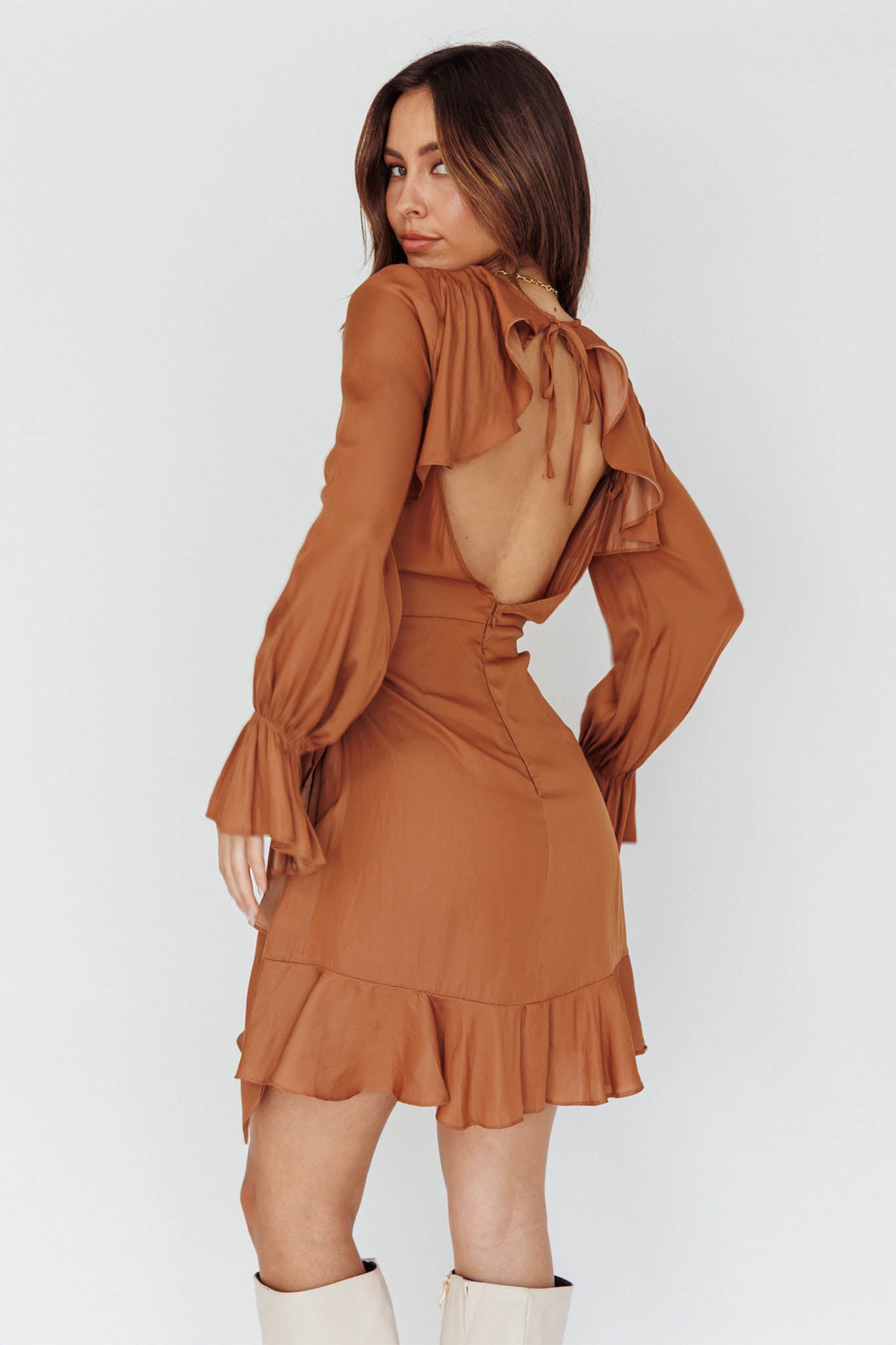 Shop the Darla Long Sleeve Satin Dress Tan Selfie Leslie Australia