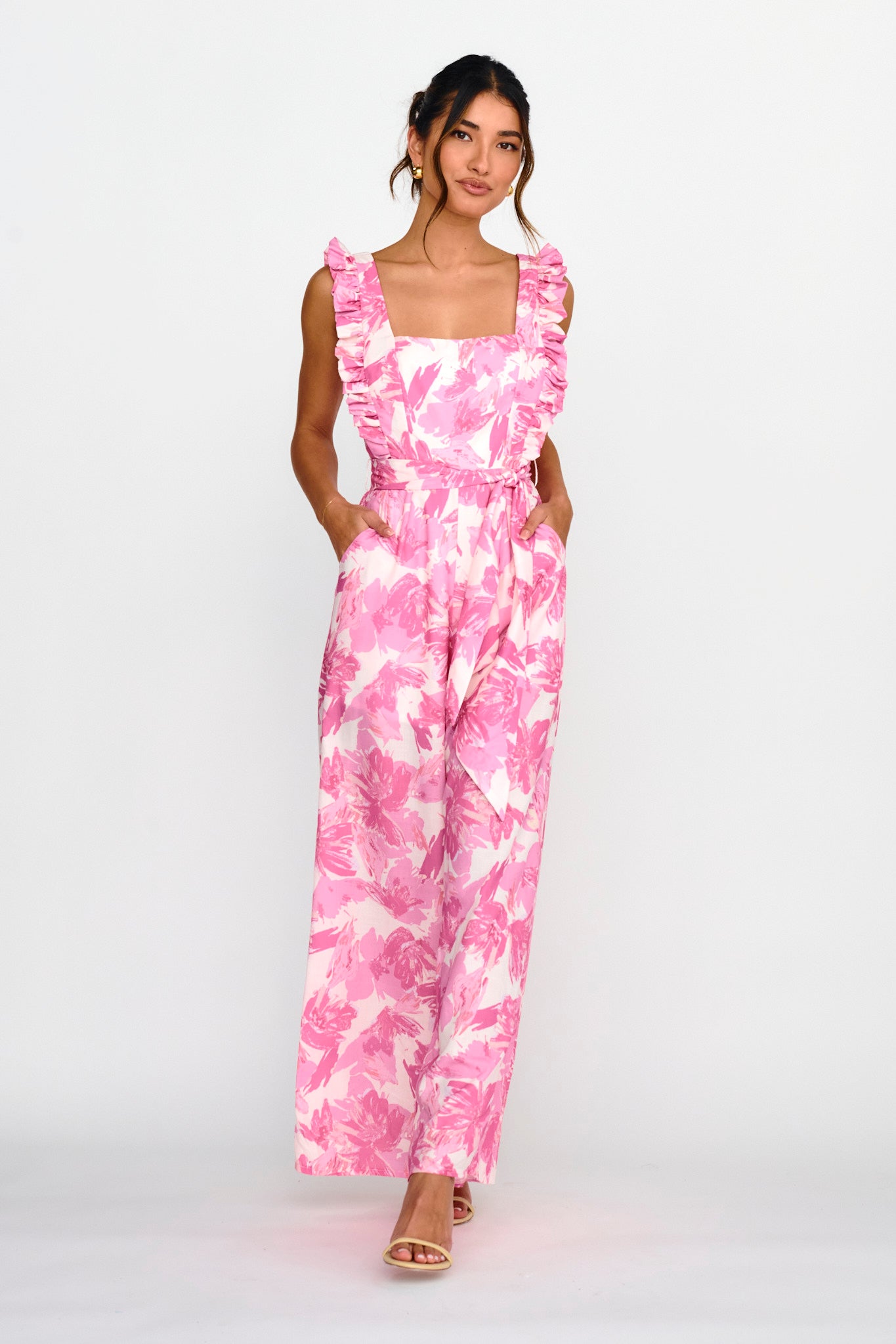 Shop the All For Love Square Neckline Ruffle Strap Jumpsuit Floral Pink Selfie Leslie Australia