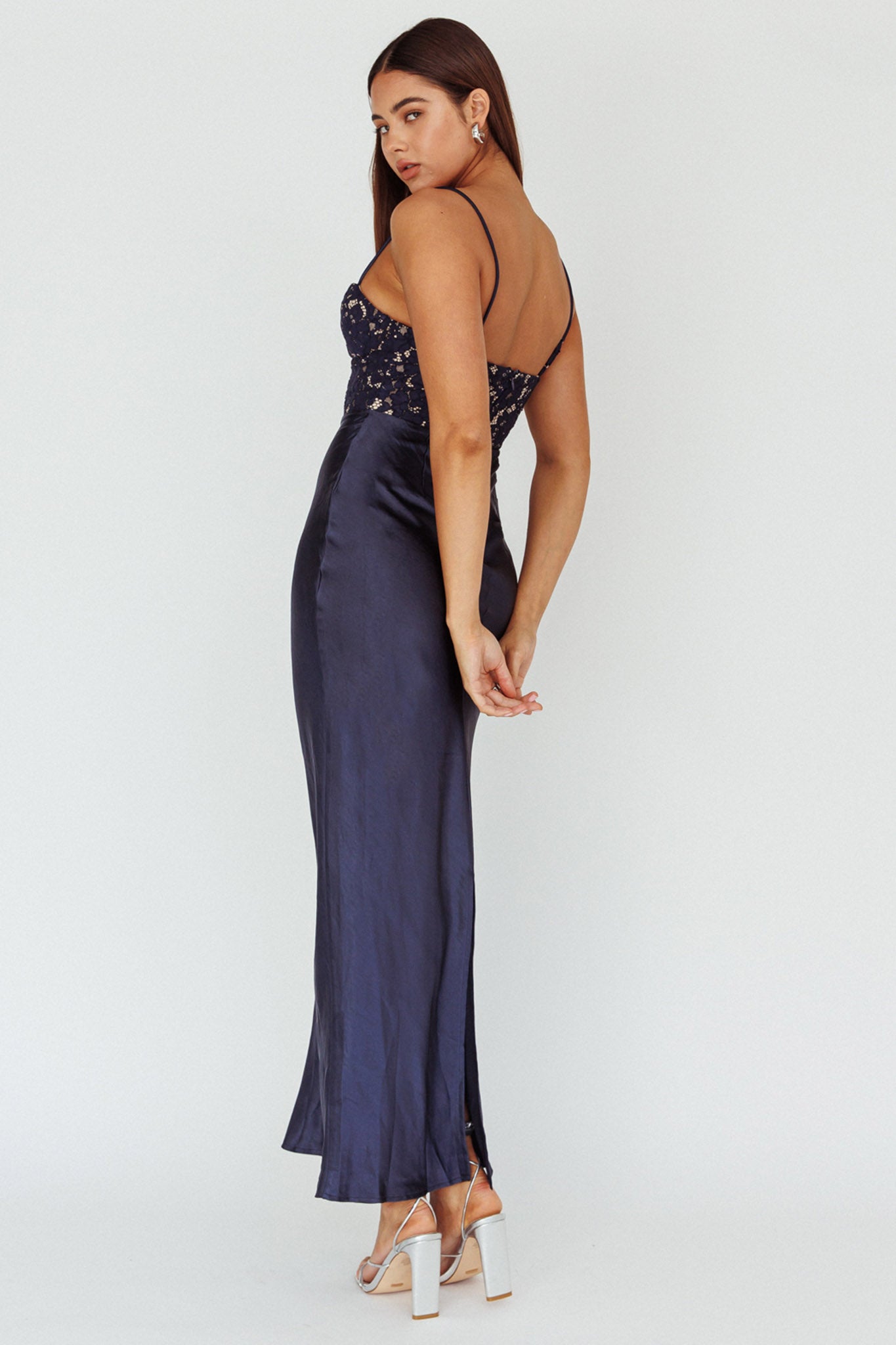 Shop the Evening Star Lace Bodice Maxi Dress Navy Selfie Leslie