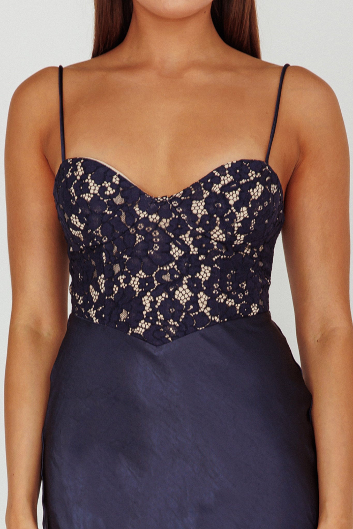 Shop the Evening Star Lace Bodice Maxi Dress Navy Selfie Leslie