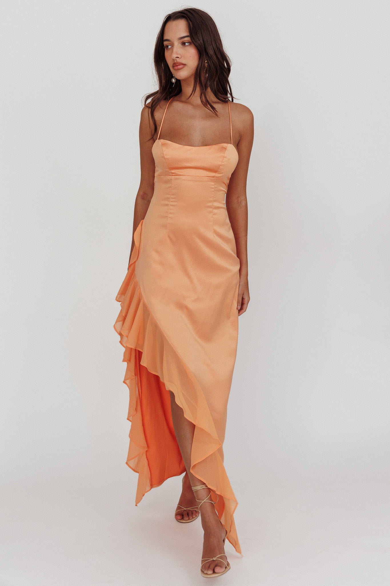 Shop the Katarina Satin Ruffle Hem Maxi Dress Mango Selfie Leslie Australia