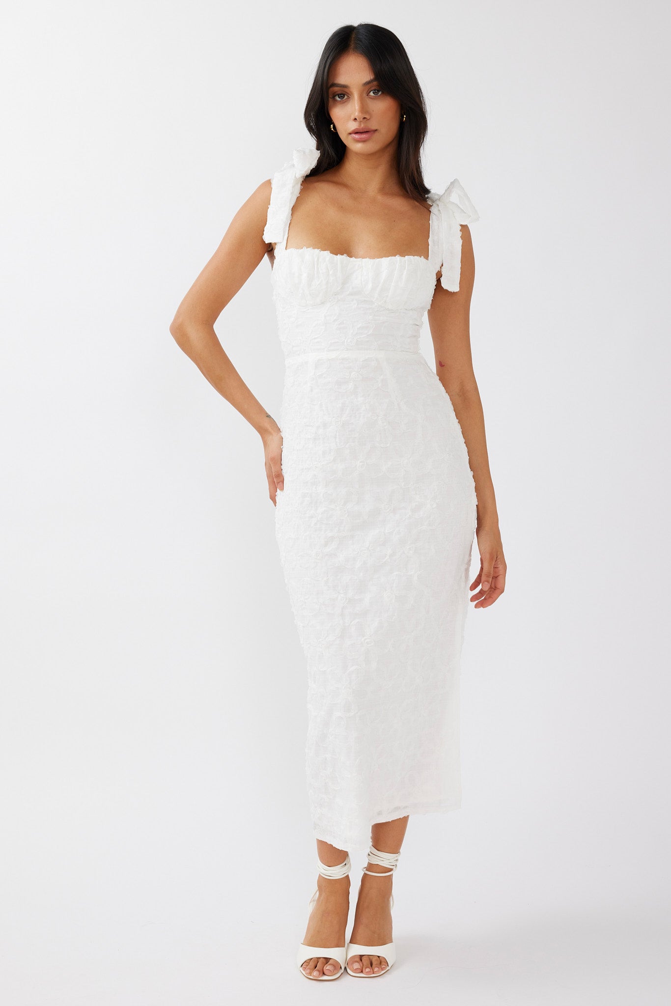 Shop the Cupid Tied Shoulder Embellished Midi Dress White | Selfie ...