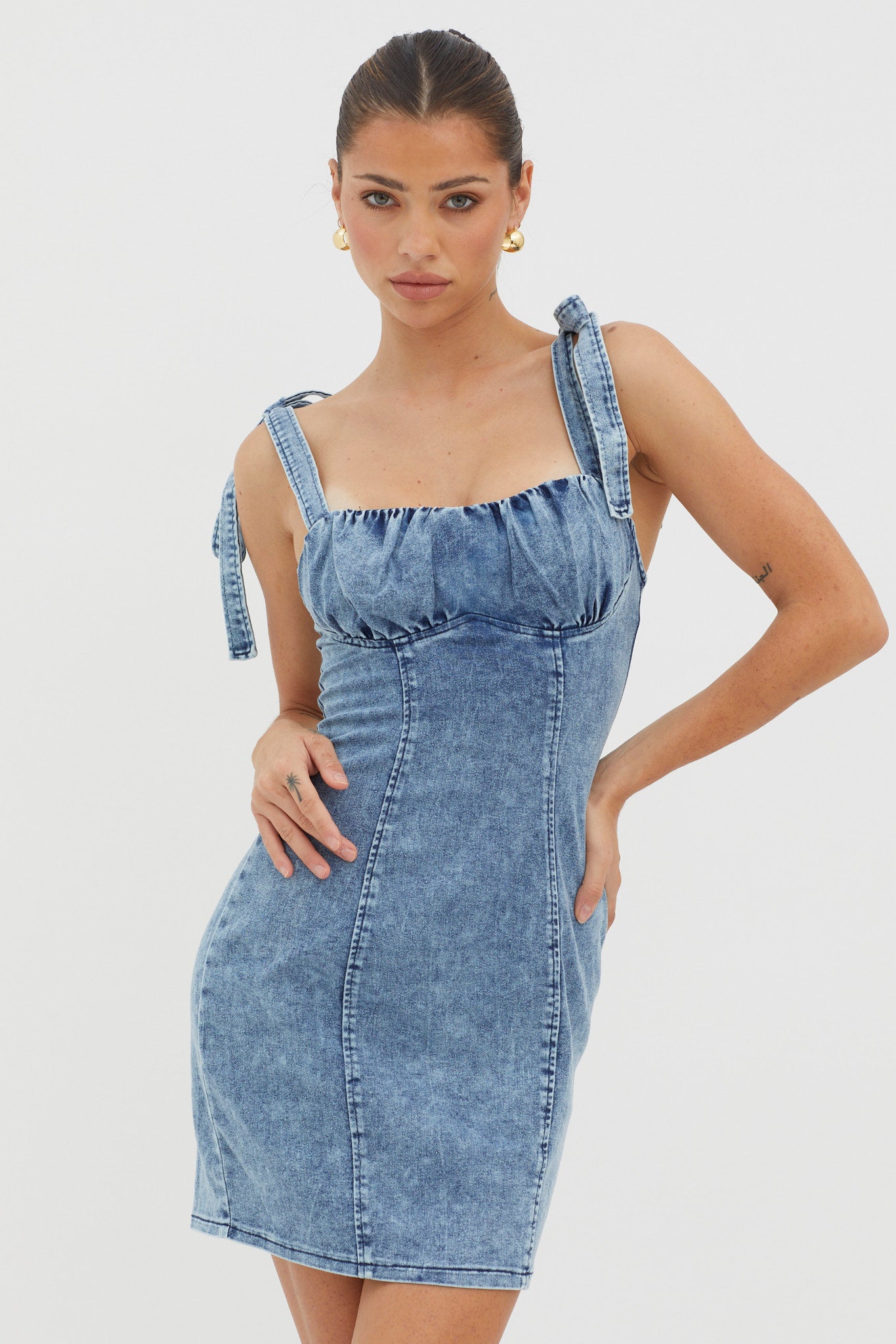 Shop the Harrison Tied Shoulder Mini Dress Denim Blue | Selfie Leslie ...