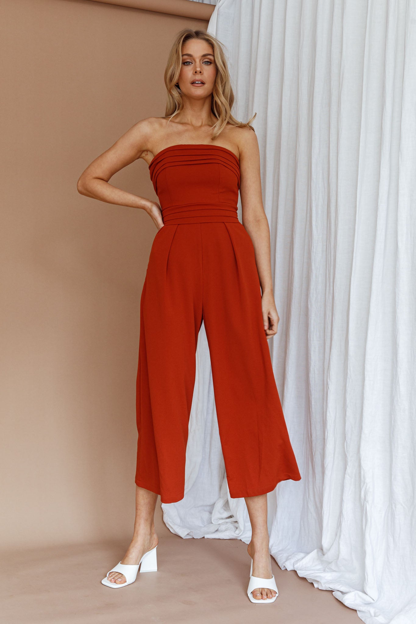 Shop the Chosen Strapless Wide Leg Jumpsuit Orange Selfie Leslie