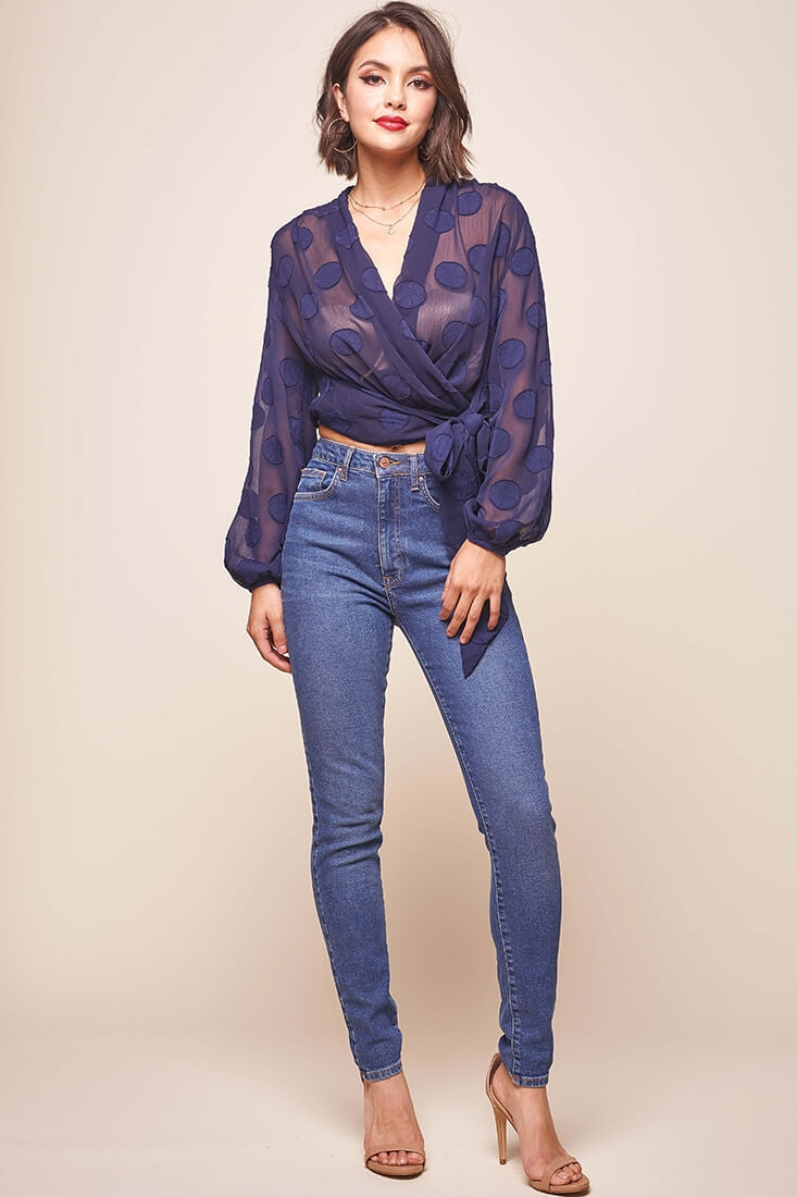 Shop the After Hours Sheer Wrap Blouse Navy | Selfie Leslie Australia