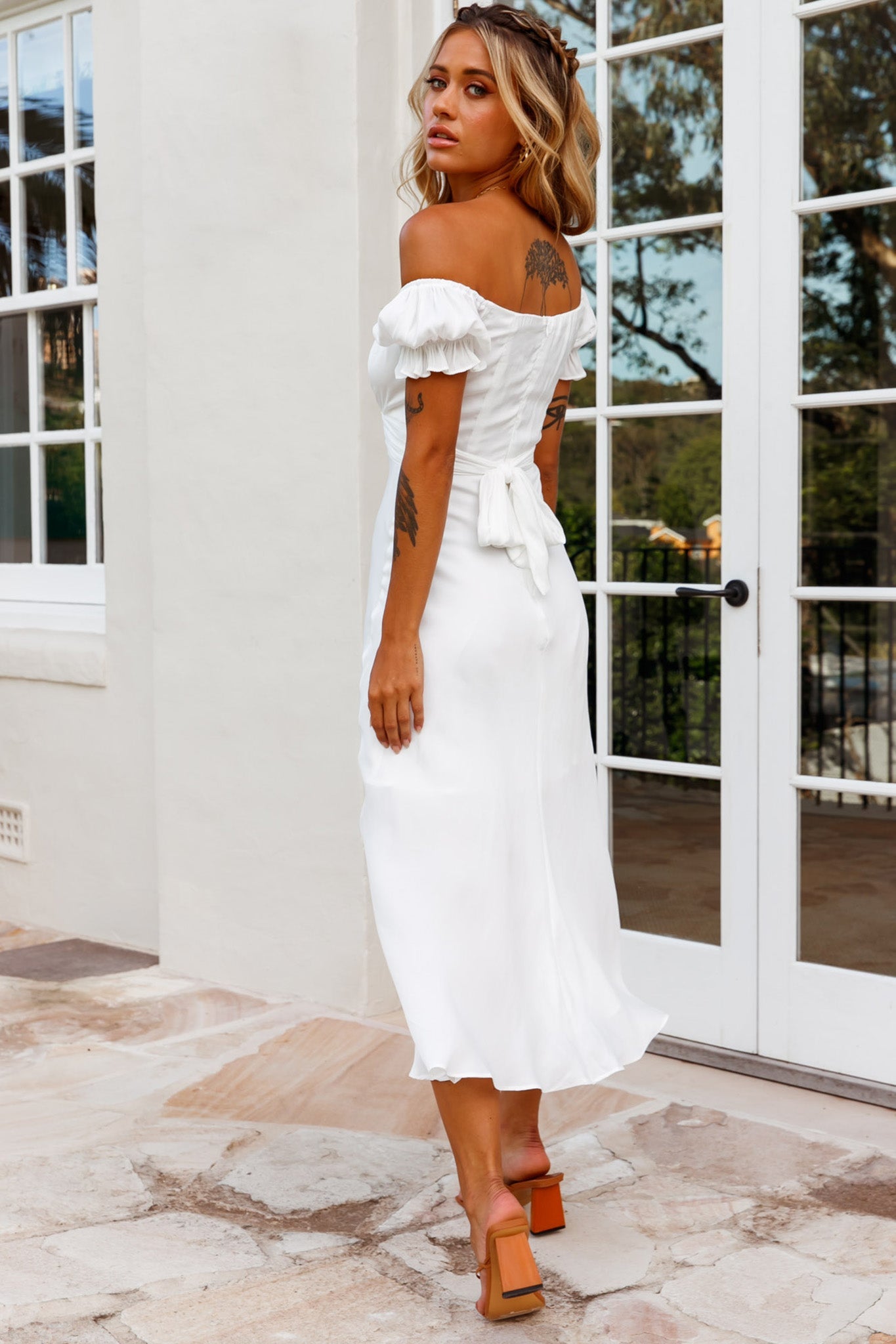 Shop the Linka Off Shoulder Tie Back Midi Dress White Selfie