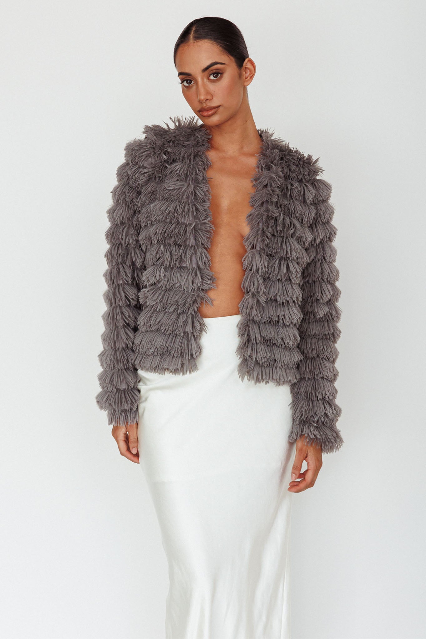 Shop the Montana Shaggy Faux Fur Coat Grey | Selfie Leslie Australia