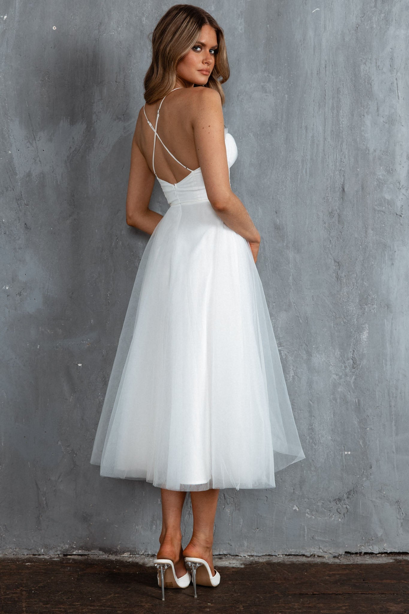 Shop the Smitten Sweetheart Neckline Chiffon Midi Dress White