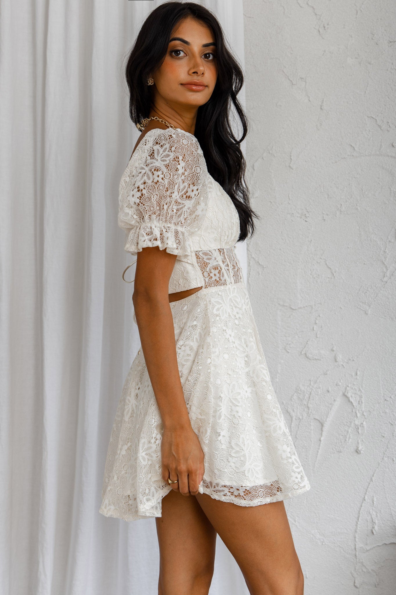 Shop the Soho Puff Sleeve Tied Back Lace Mini Dress Cream Selfie