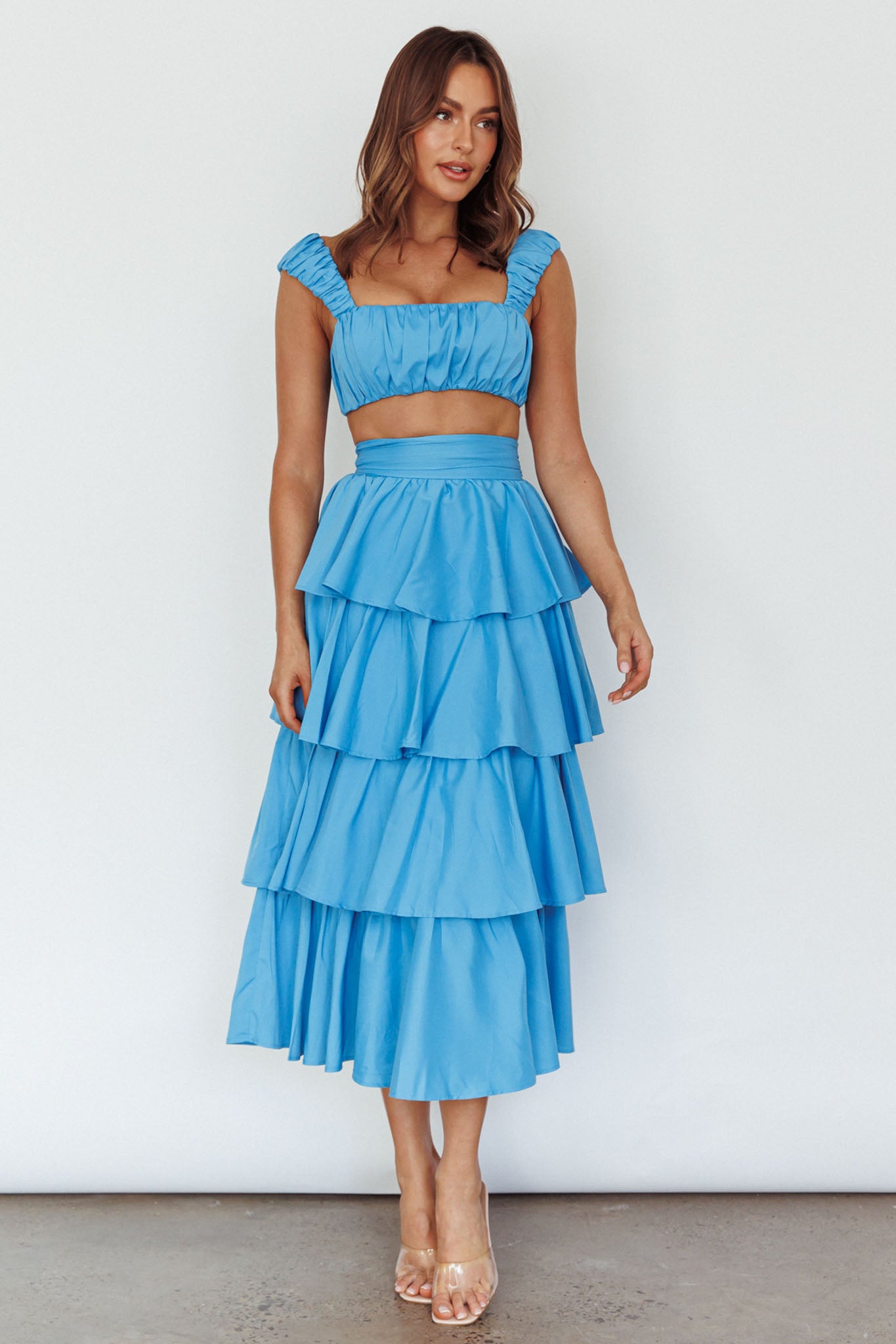 Shop the Suenito Tiered Frill Maxi Skirt Blue | Selfie Leslie Australia