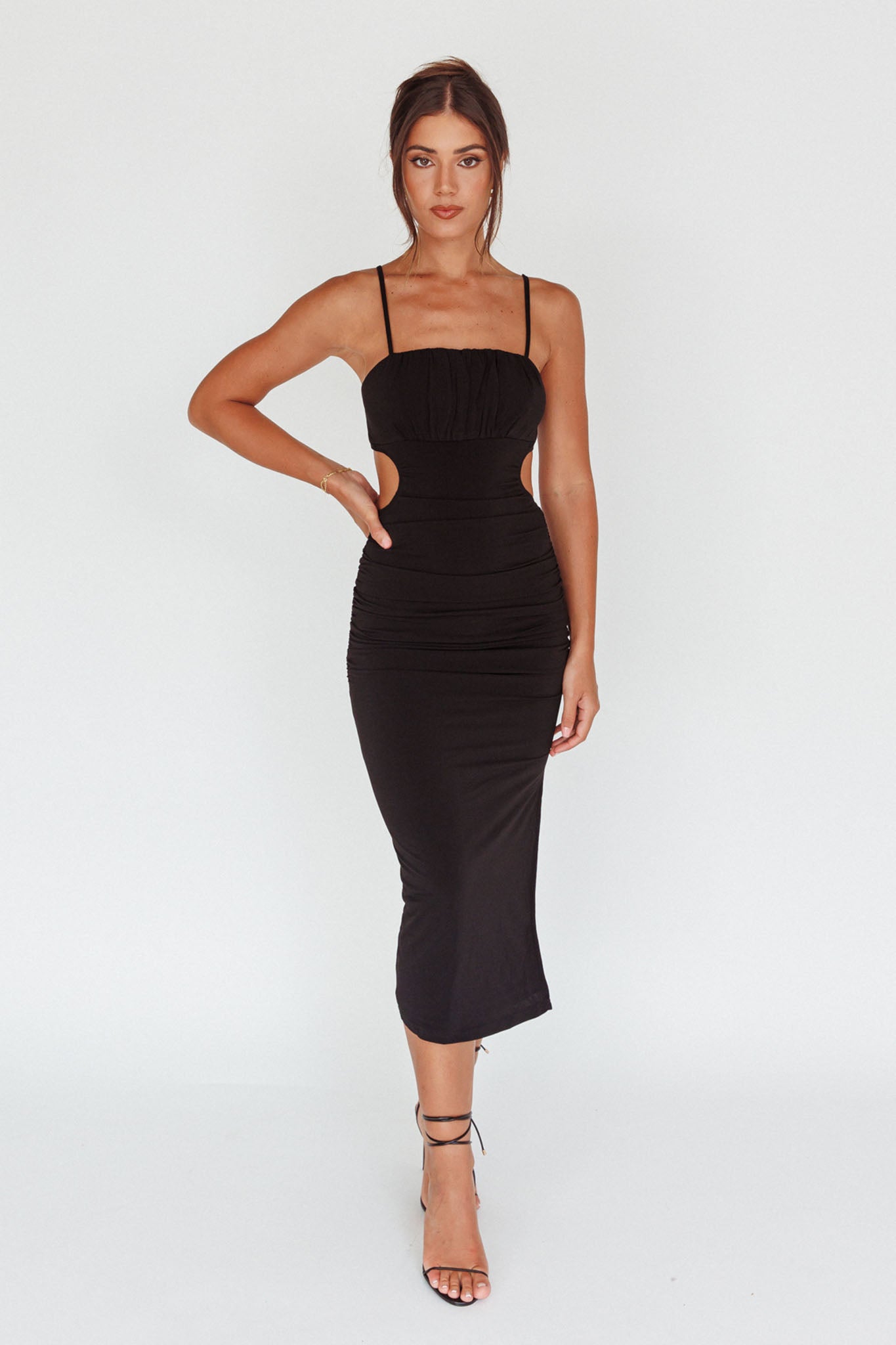 Shop the Mary Jane Gathered Bust Tie Back Midi Dress Black | Selfie ...