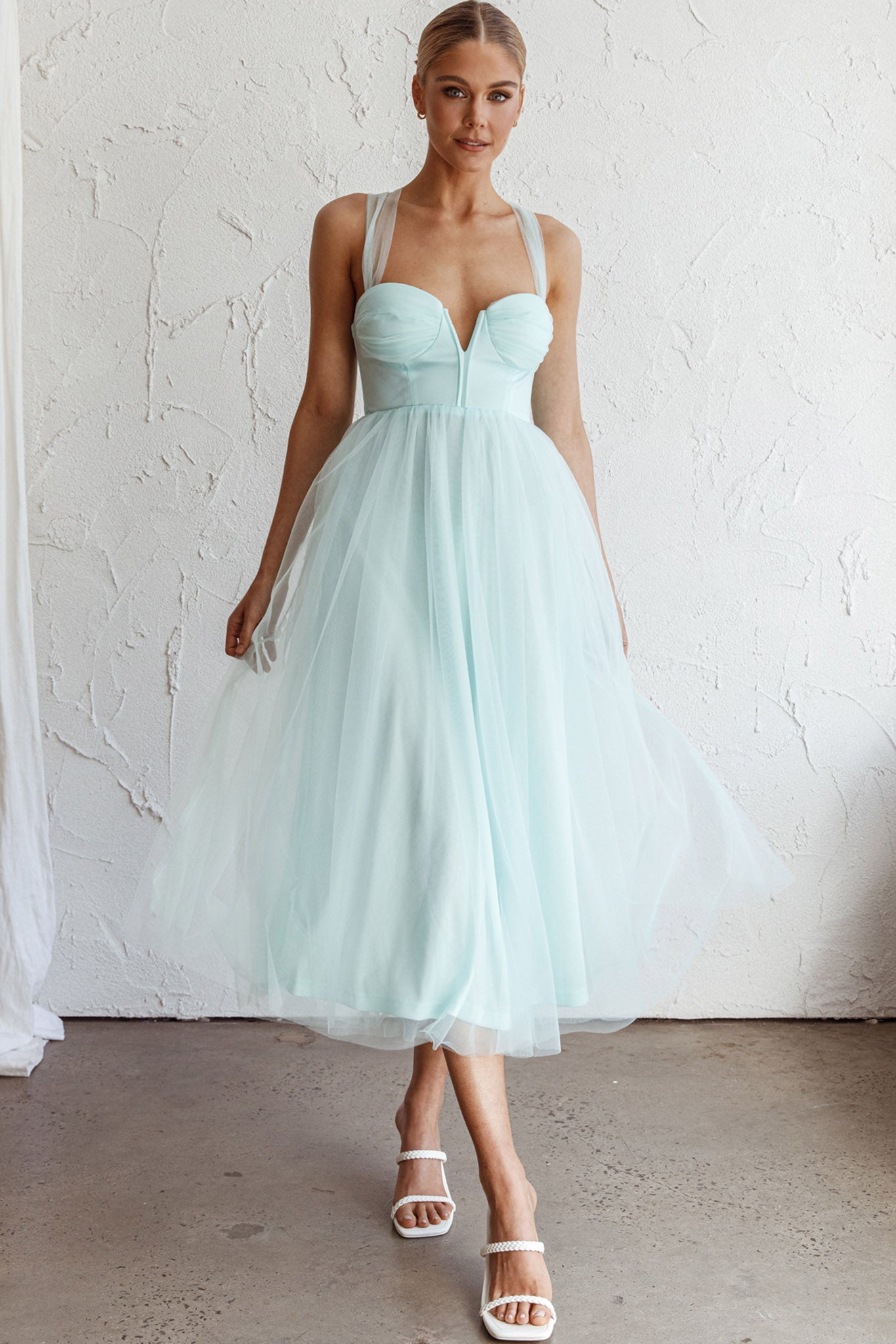 Shop the Surreal Lace-Up Back Tulle Midi Dress Mint | Selfie Leslie ...