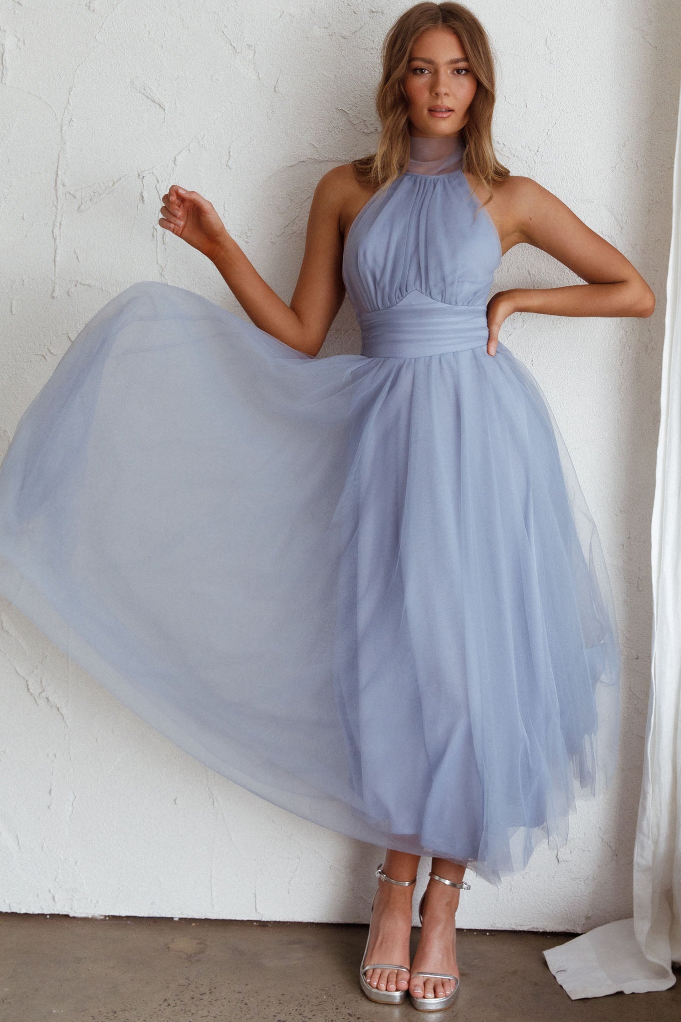 Shop the Andria Halterneck Tulle Midi Dress Blue | Selfie Leslie Australia