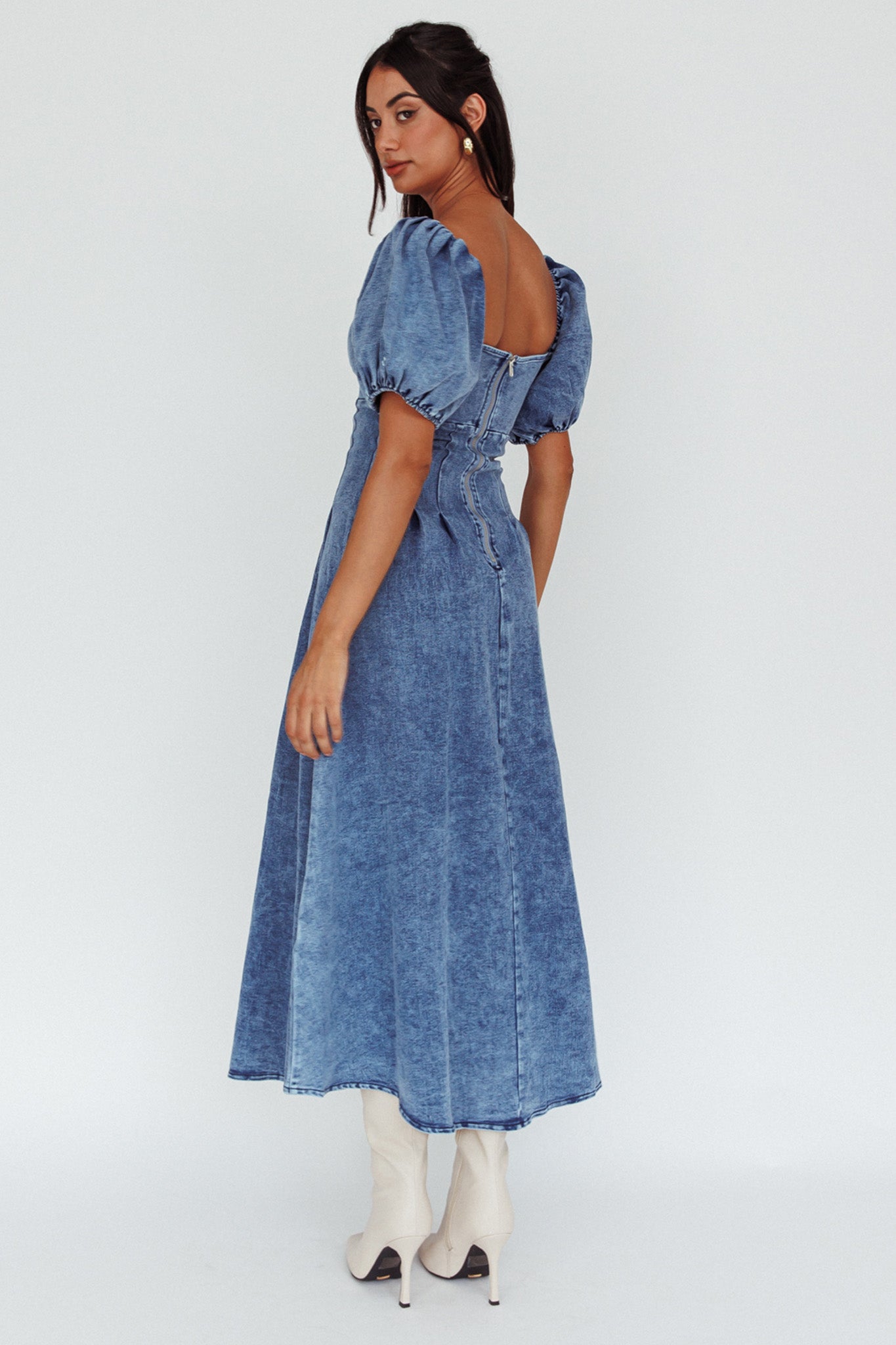 Shop the Zurich Puff Sleeve Midi Dress Blue | Selfie Leslie Australia