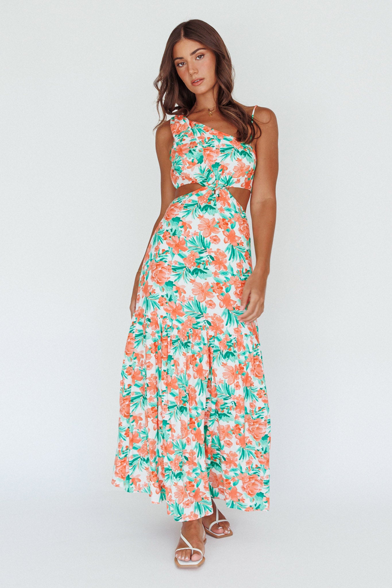 Evening Breeze Cut Out Waist Maxi Dress Floral Orange