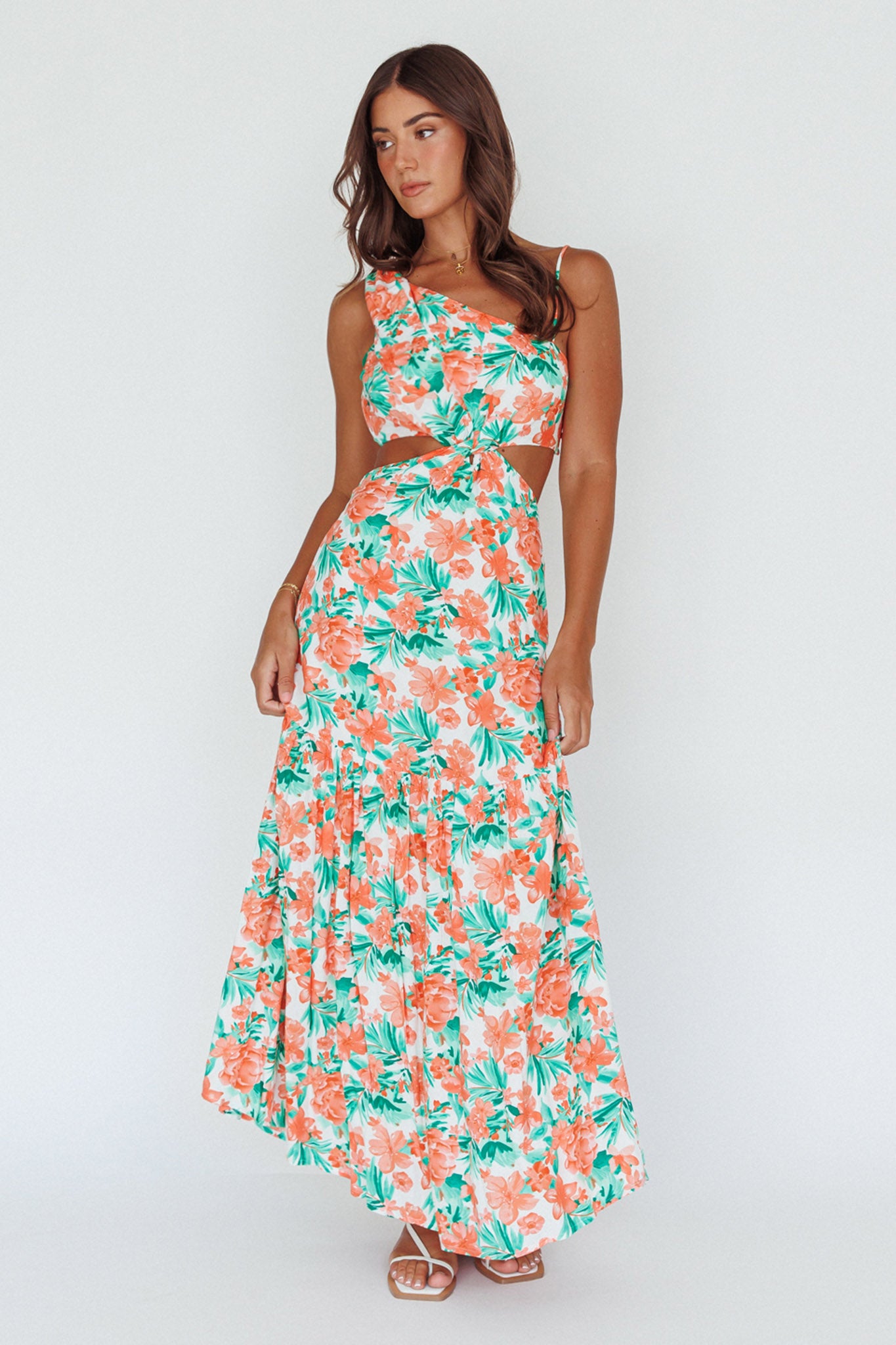 Shop the Evening Breeze Cut Out Waist Maxi Dress Floral Orange