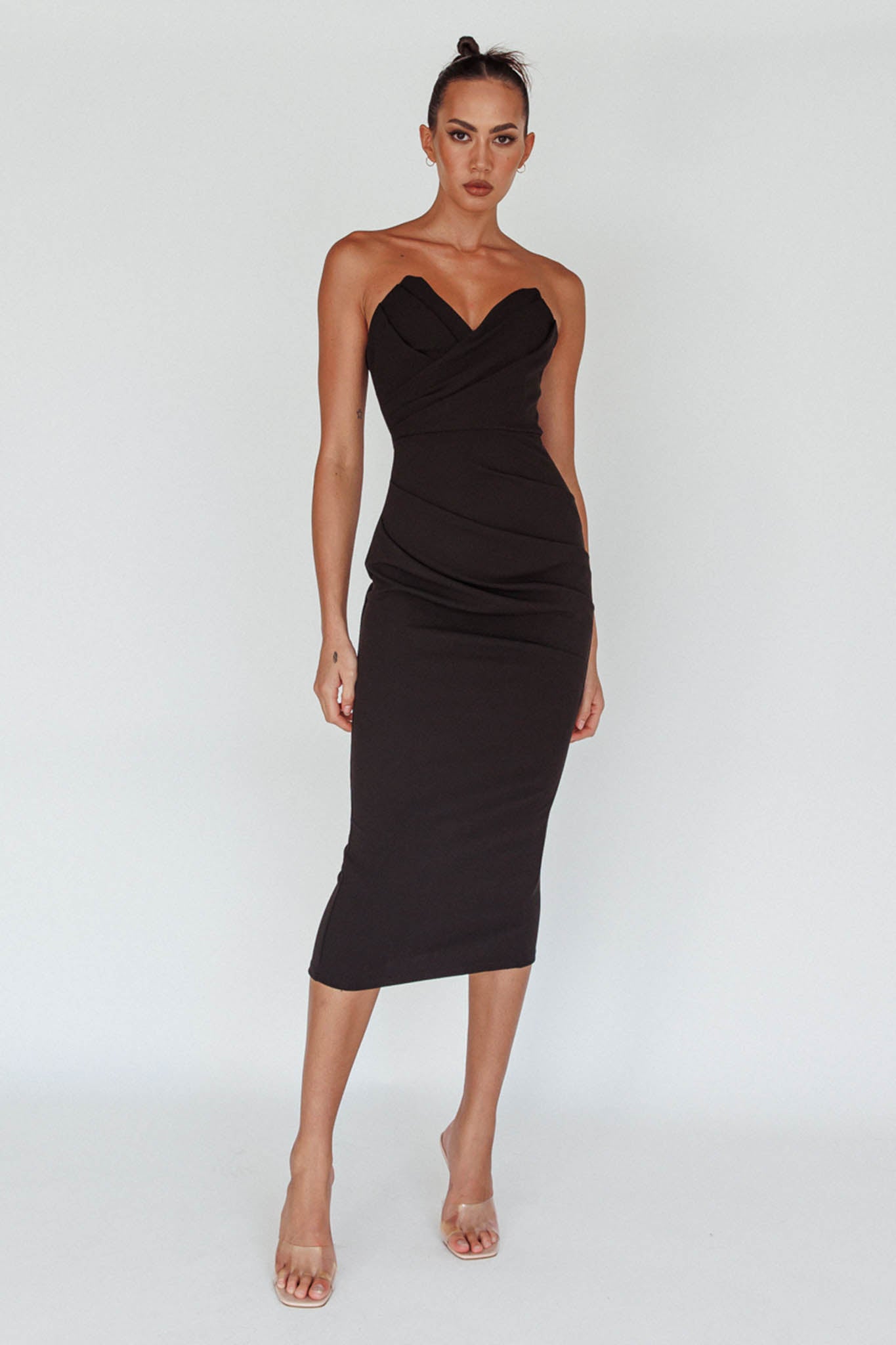 Shop the Yours Alone Gathered Detail Midi Dress Black | Selfie Leslie ...