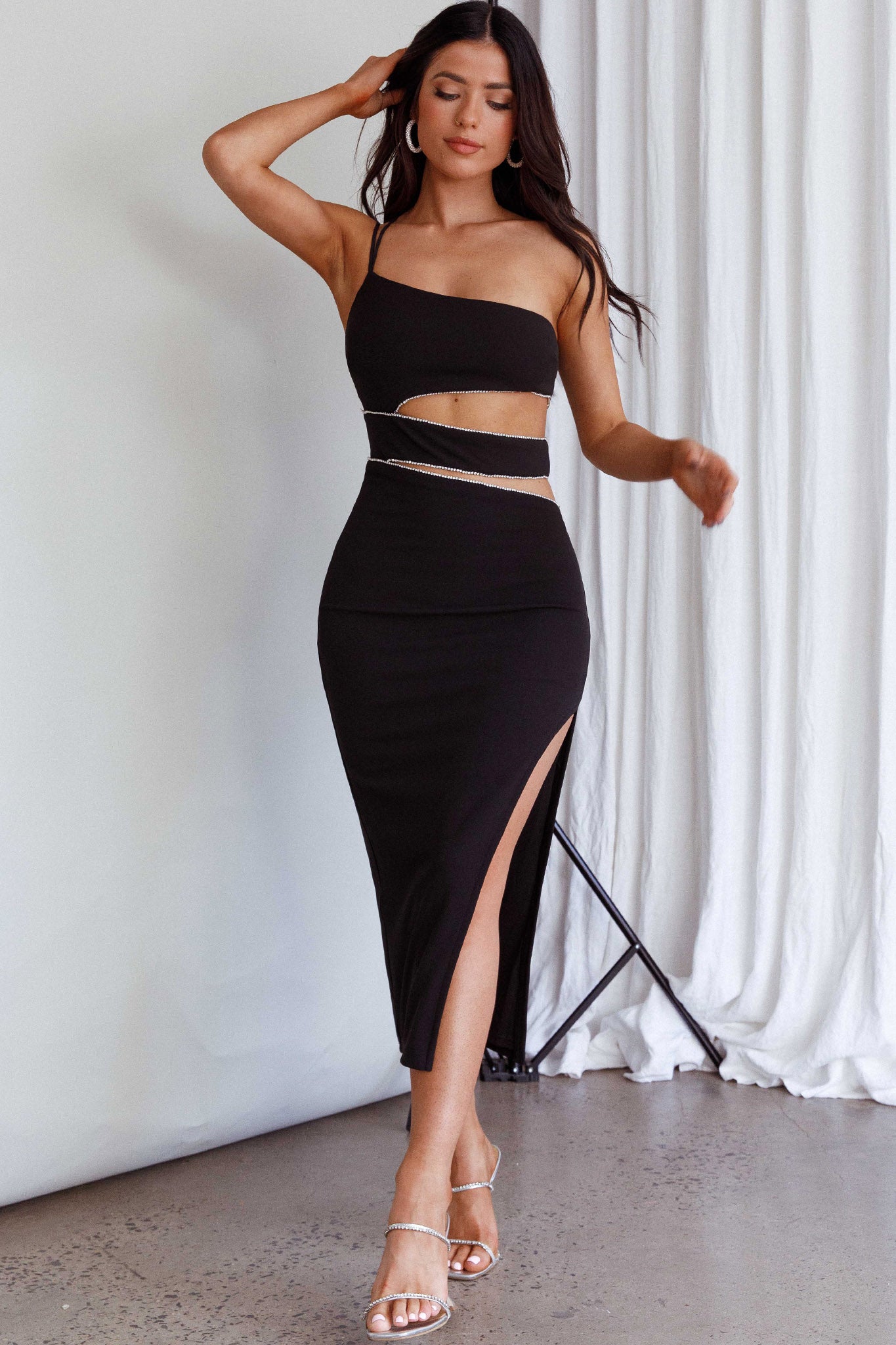 Shop The Raye Cut-out Waist Rhinestone Midi Dress Black 