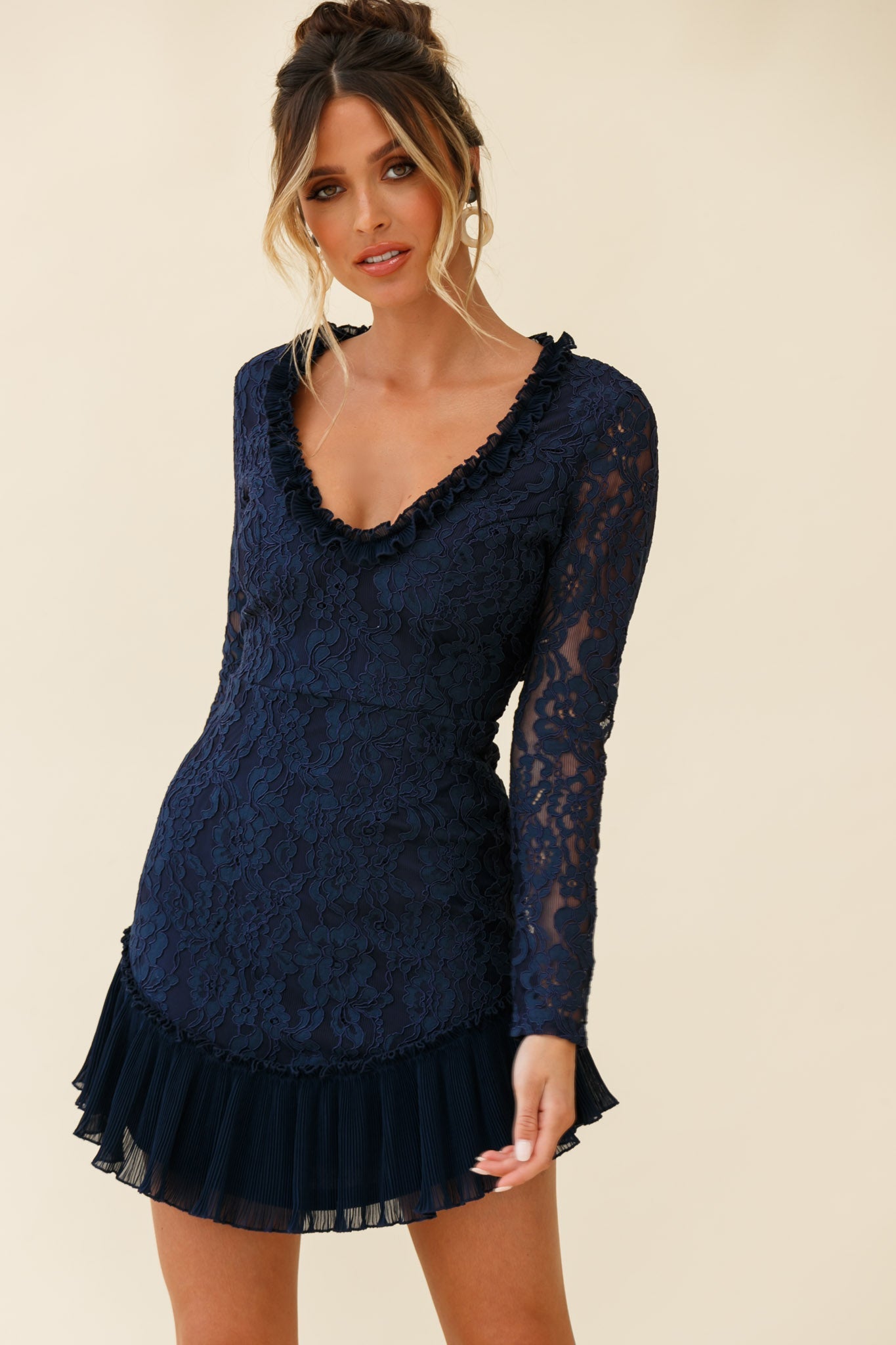 Shop the Isabella Long Sleeve Open Back Lace Dress Navy Selfie Leslie Australia