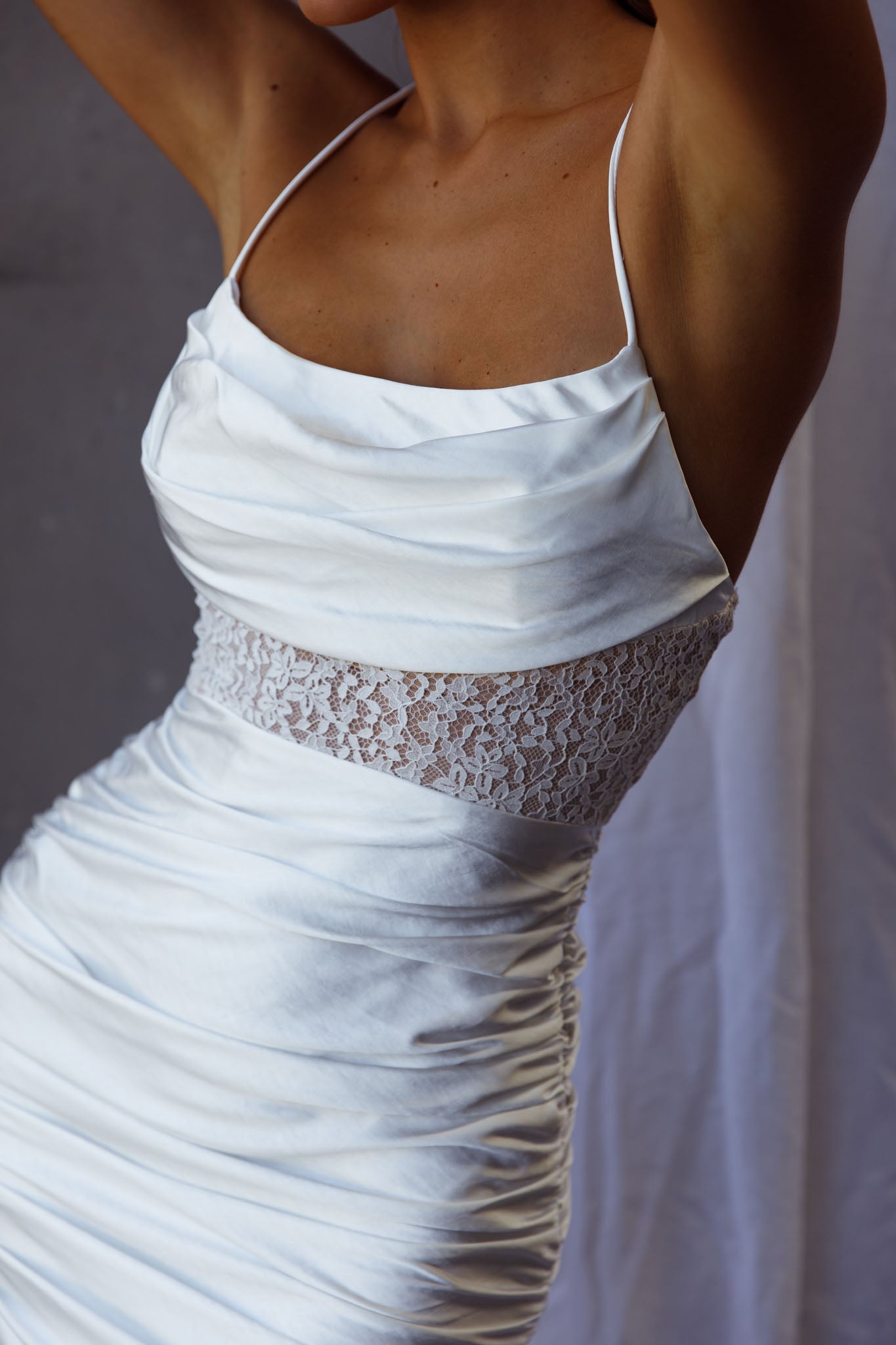 Shop the Golden Era Cowl Neck Lace Waist Ruched Mini Dress White ...