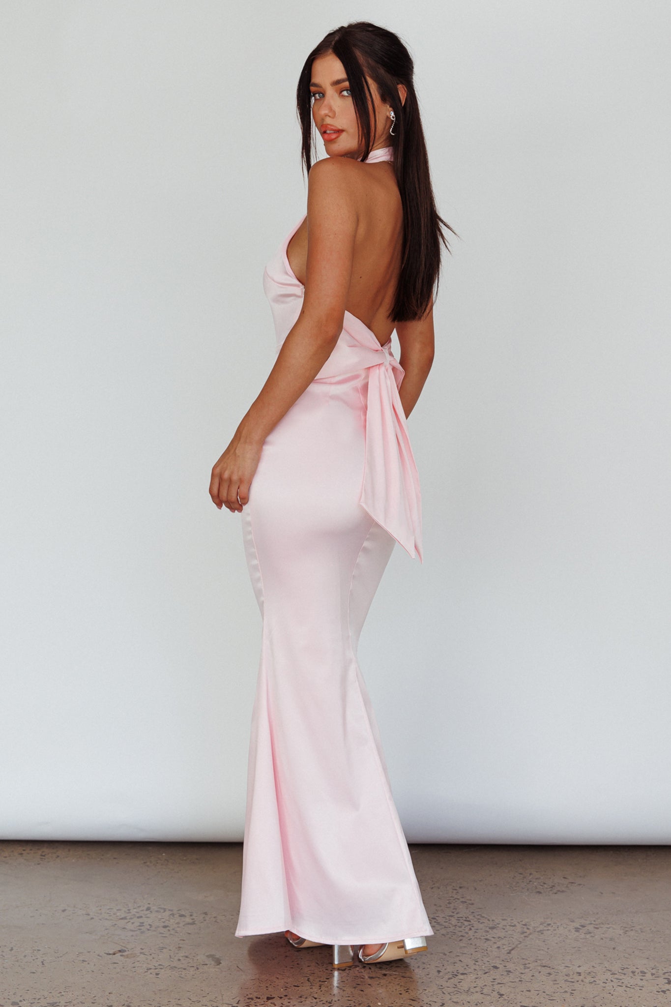 Shop the Fifth Avenue Bow Back Maxi Dress Baby Pink Selfie